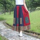 Pattern Panel Midi A-line Skirt Red & Blue - One Size