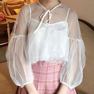 Set : Mesh Lantern Sleeve Top + Strap Top