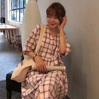 V-neck Checked Loose-fit Shirtdress Pink - One Size