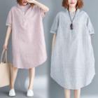 Striped Short-sleeve Half-button Midi A-line Dress