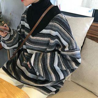 Striped V-neck Long-sleeve Loose-fit Sweatshirt