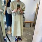 Lantern-sleeve Loose Fit Plain Dress Green - One Size