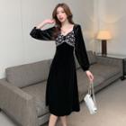 Long-sleeve Floral Panel Velvet Midi A-line Dress