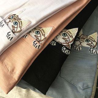 Cat Embroidered Long-sleeve T-shirt