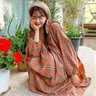 V-neck Frilled Long Plaid Dress