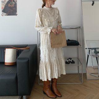 Bell-sleeve Lace Trim Velvet Plain Dress