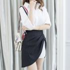 Set: Long-sleeve Shirt + Striped Mini Asymmetric Skirt
