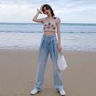 Flower Embroidered Short-sleeve Cropped Top / Wide-leg Jeans