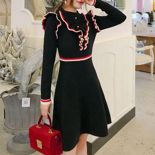 Long-sleeve Frill-trim A-line Knit Dress Black - One Size