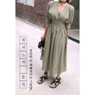V-neck Cotton A-line Midi Dress