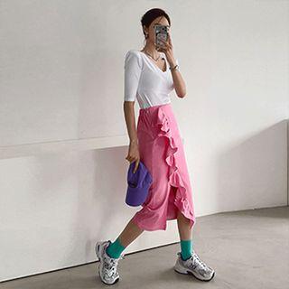 Slit-front Ruffle-trim Skirt