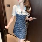 Mock Two-piece Puff-sleeve Patterned Dress