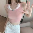 Contrast Collared Sleeveless Crop Top