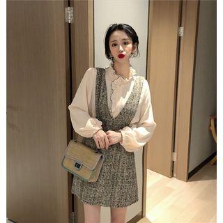Set : Long-sleeved Shirt + Skirt + Tweed Strap Skirt