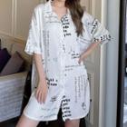 Elbow-sleeve Lettering Shirt Sleep Dress 8817 - Black & White - One Size