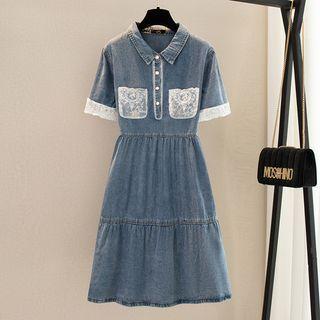 Short Sleeve Lace Panel Denim Midi Collar Dress