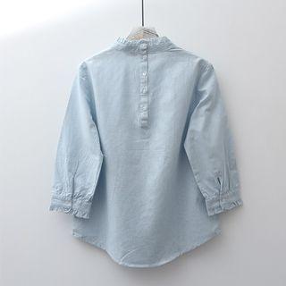 3/4-sleeve Ruffled Plain Shirt