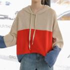 Color Block Knit Hoodie Red - One Size