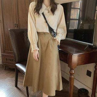 Long-sleeve Peter Pan Collar Blouse / Midi A-line Skirt