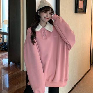 Faux Shearling-collar Fleece Lining Polo Sweatshirt