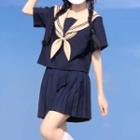 Short-sleeve Sailor Collar Shirt / Pleated A-line Skirt / Scarf / Set