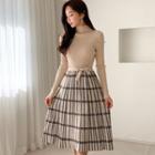 Long-sleeve Plaid Midi Knit Dress Almond - One Size