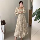 Long-sleeve Accordion-pleat Marble Print Midi A-line Dress