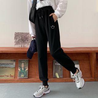 Smile Face Embroidered Drawstring Waist Sweatpants