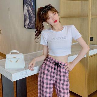 Short-sleeve Lettering Crop Top / Plaid Cropped Wide Leg Pants