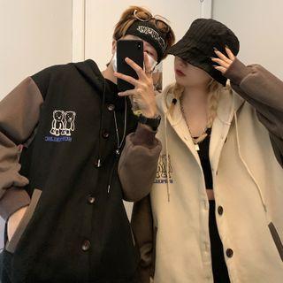 Couple Matching Bear Print Button-up Hooded Jacket