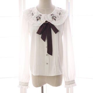 Embroidered Bow Pintuck Long-sleeve Top