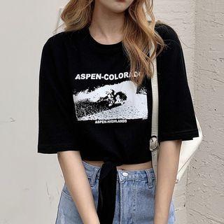 Short-sleeve Wave Print Cropped T-shirt