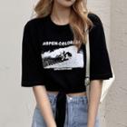 Short-sleeve Wave Print Cropped T-shirt