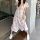 Short-sleeve Floral Midi A-line Dress Green & Pink Floral - White - One Size