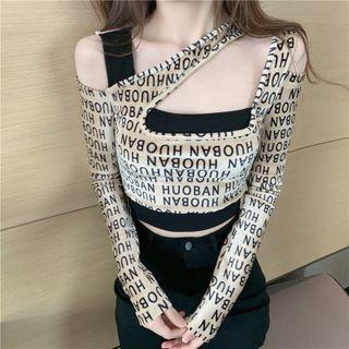 Mock Two-piece Long-sleeve Lettering Cutout Crop Top Almond - One Size