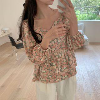 Lantern-sleeve V-neck Floral Dress As Shown In Figure - One Size