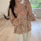 Lantern-sleeve V-neck Floral Dress As Shown In Figure - One Size
