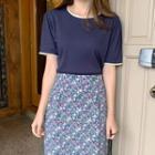 Lace-trim Lettuce-edge T-shirt Navy Blue - One Size
