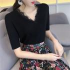 Lace Trim Short-sleeve Top / Floral Print A-line Midi Skirt