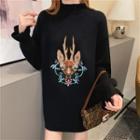 Deer Embroidered Mock Turtleneck Sweater