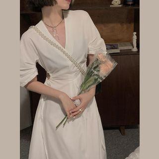 V-neck Plain Cut-out Lace-up Elbow-sleeve Dress