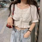 Short-sleeve Drawstring Cropped Blouse / Plaid Shoulder Bag