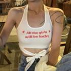 Halter-neck Lettering Tank Top White - One Size