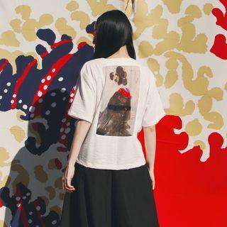 Elbow-sleeve Printed T-shirt Milky White - One Size