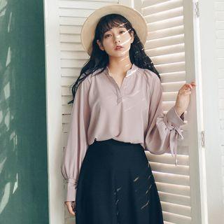 Long-sleeved Stand Collar Loose-fit Straight Plain Blouse