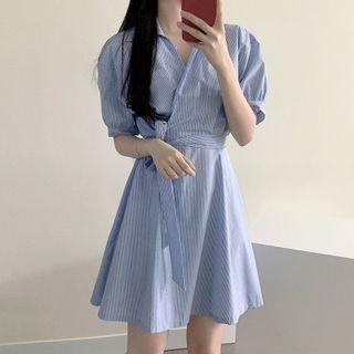 Puff Sleeve V-neck Striped Wrapped Shirtdress