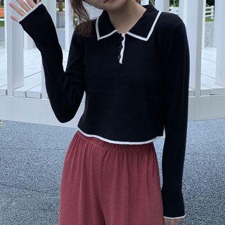 Contrast Trim Cropped Polo Knit Top