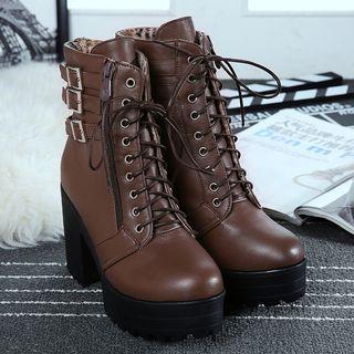 Chunky-heel Buckled Lace-up Short Boots