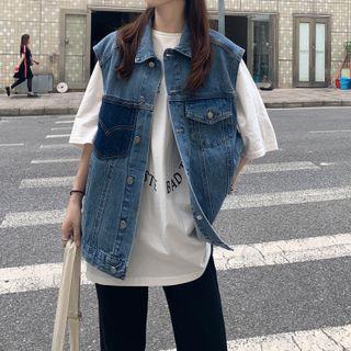 Lapel Single Breasted Loose Fit Denim Pocket Vest Blue - One Size