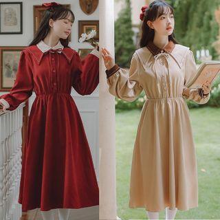 Puff Long-sleeve Plain Midi A-line Dress
